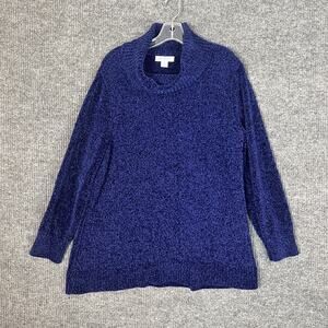 Liz Claiborne Womens Pullover Chenille Sweater Size XL Blue Cowl Neck Cozy